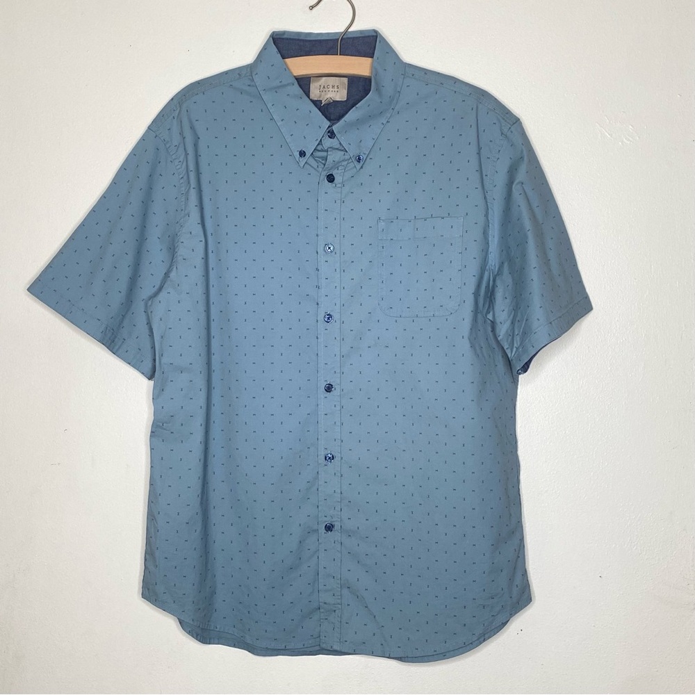 Jachs New York Light Blue Print Short Sleeve Cotton Knit Button-Up Shirt